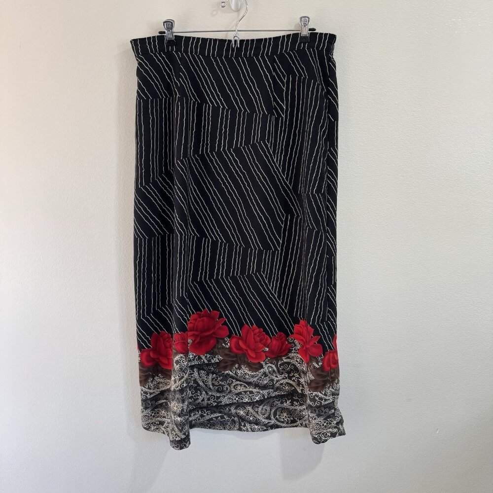 Vintage 90s Y2K Sag Harbor Maxi Skirt 16 Floral Black White Red Striped Chiffon